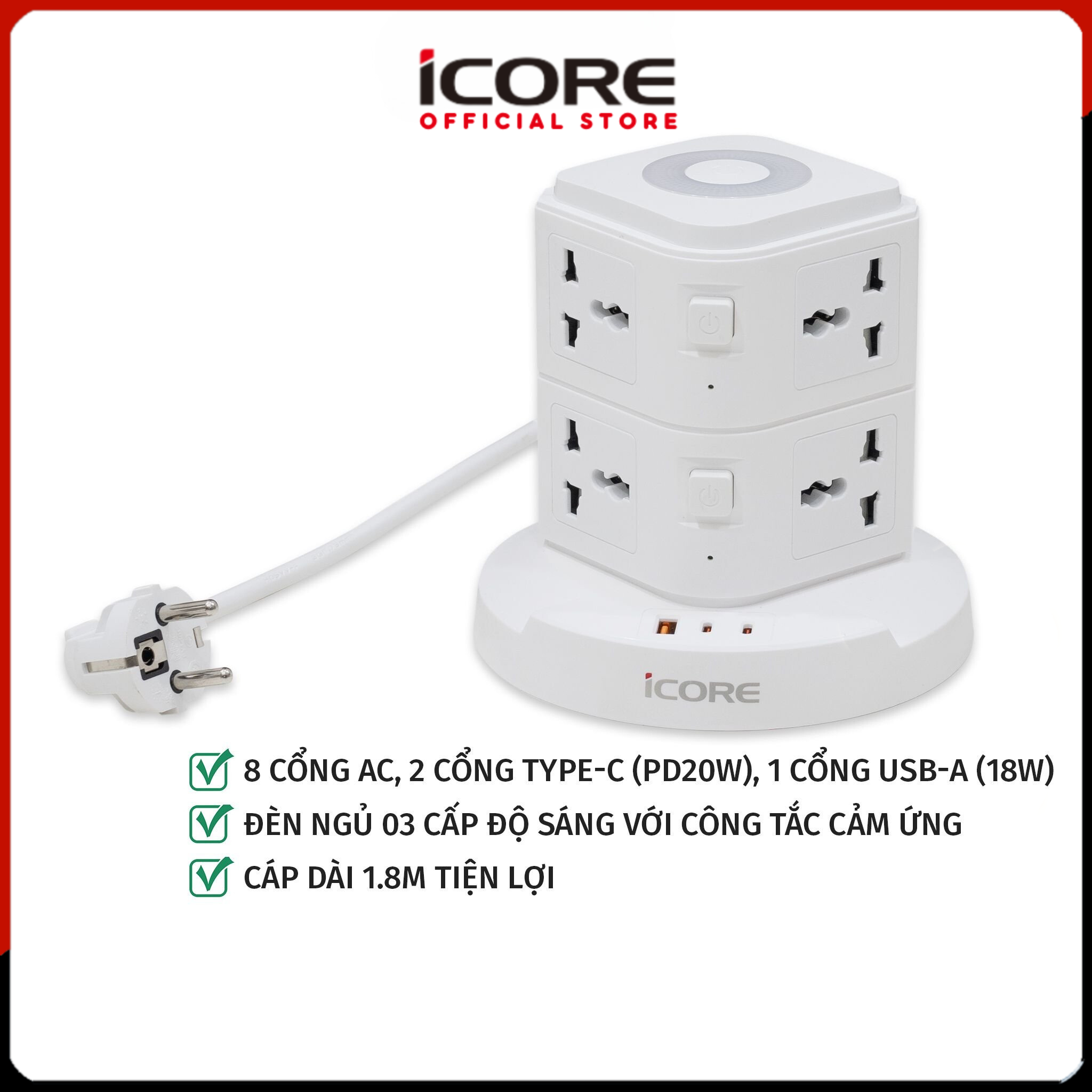 Ổ Cắm Điện Tích Hợp Củ Sạc Nhanh và Đèn Ngủ iCore ITS100C