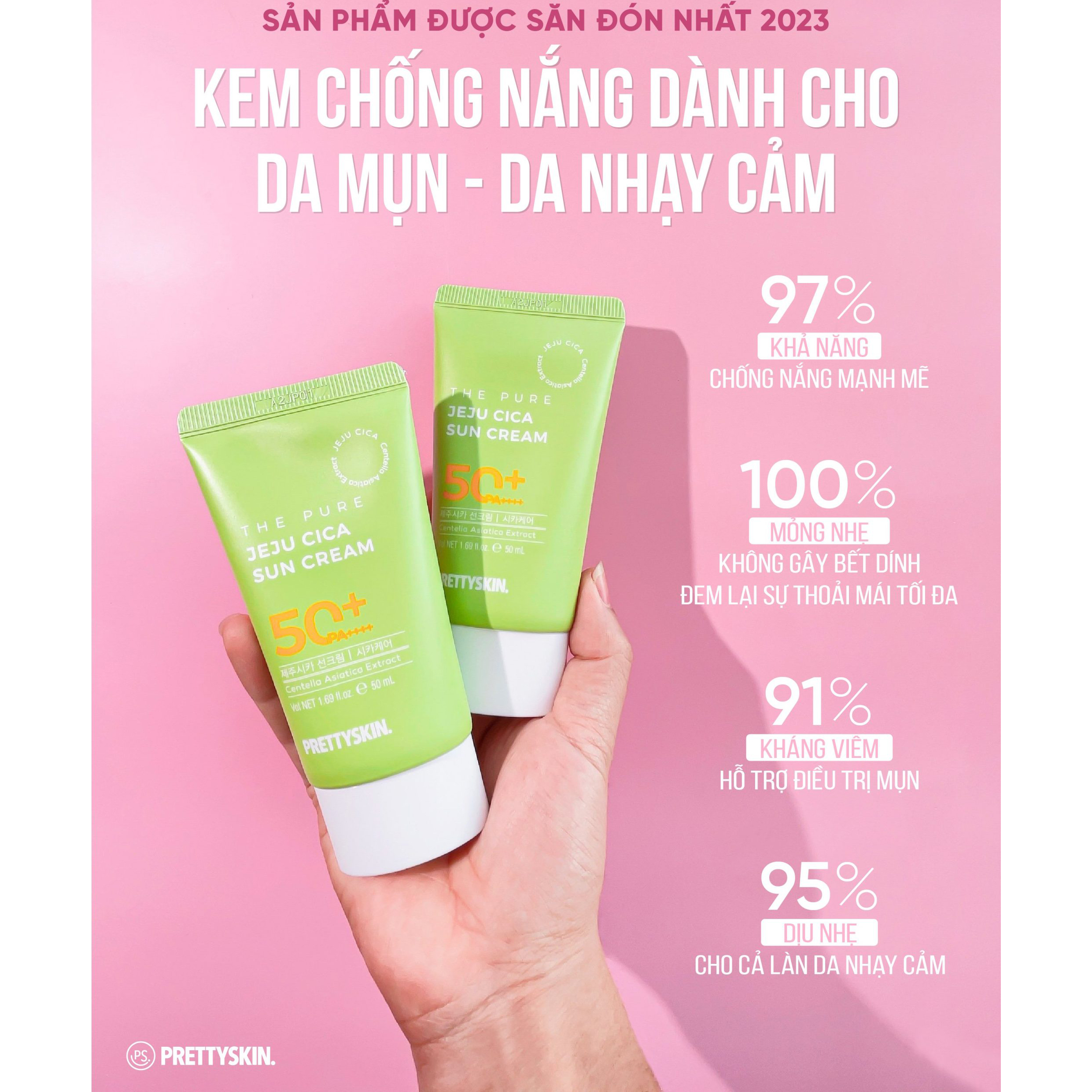 Kem Chống Nắng Rau Má Không Lo Bết Dính Jeju Cica Pretty Skin SPF50+ PA++++ 50ml Cho Da Dầu, Nhạy Cảm tặng móc khóa