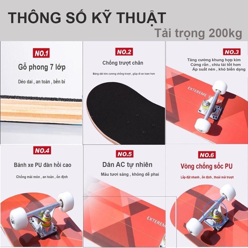 Ván trượt skateboard Keen Store gỗ phong 7 lớp mặt đen nhám tải trọng 180kg dành cho người lớn và trẻ em