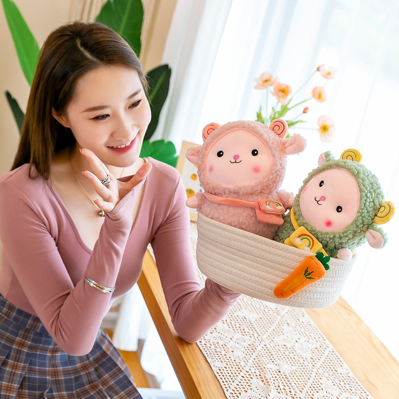 Gấu bông cừu lông xù đeo túi 3 màu, quà tặng thú nhồi bông dễ thương cho bé