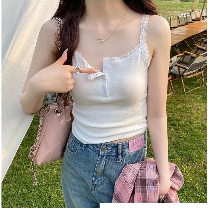 Áo Bra 2 dây VIỀN REN ở cổ và dây, ngực 3 cúc, áo tanktop chất liệu thun gân tăm, cogiãn ôm dáng, hàng QC có đệm ngực, nhiều màu Nữ Women Cotton Dáng Ngắn