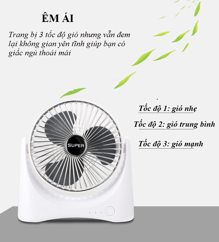 Quạt Mini Để Bàn Sạc Pin Tích Điện Super Fan, Quạt Để Bàn 3 Tốc Độ Gió, Tích Hợp Chế Độ Gập Thông Minh