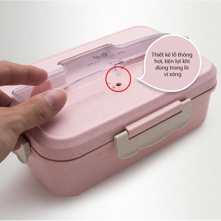 Hộp Đựng Cơm Văn Phòng, Hộp Đựng Cơm 3 ngăn lúa mạch kèm đũa thìa inox - Dùng được trong lò vi sóng -GD268