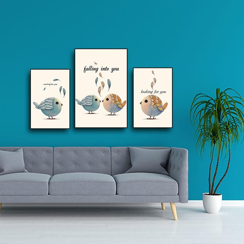 Bộ 3 tranh trang trí phòng khách - tranh đôi chim ngộ nghĩnh W675