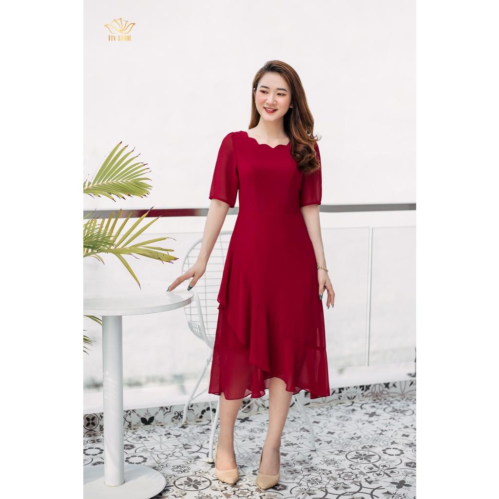 Đầm xòe dự tiệc thiết kế sang trọng cổ sóng nước chân váy bèo Đỏ đô - TTV961