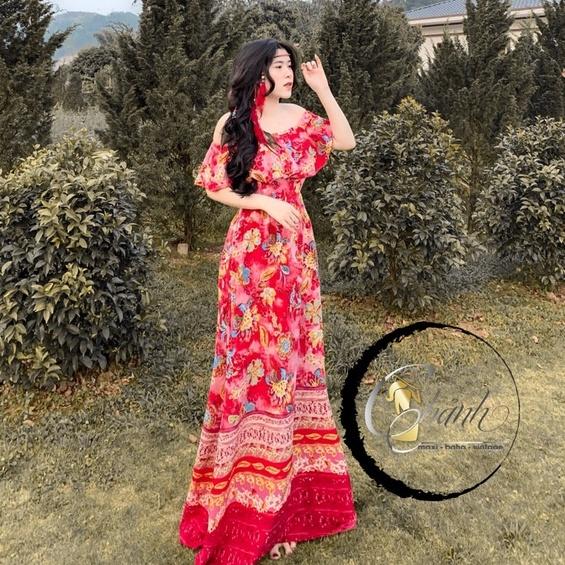 Maxi Trễ Vai Đi Biển Chụp Ngoại Cảnh Hoa Văn Rực Rỡ Nổi Bật