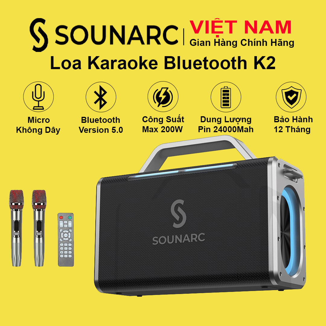 Loa Karaoke Bluetooth 5.0 SOUNARC K2 + 2 Micro Không Dây, Công suất 200W Loa di động Chống Nước IPX6, Pin 24000mAh, 4 Chế Độ Đổi Giọng Nói, 5 Hiệu Ứng Âm Thanh Vỗ Tay - Hàng chính hãng