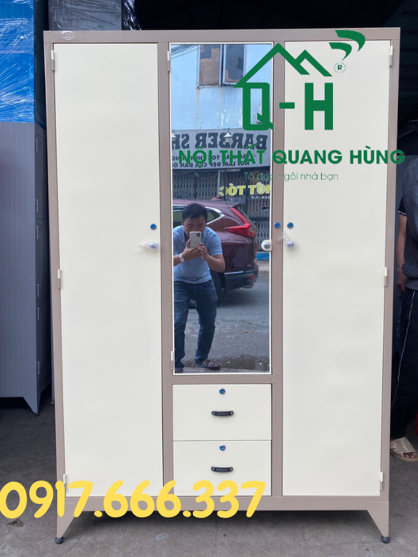 TỦ SẮT ĐỰNG QUẦN ÁO MÀU CÀ PHÊ SƠN TĨNH ĐIỆN 3 CÁNH CAO CẤP DÀNH CHO GIA ĐÌNH
