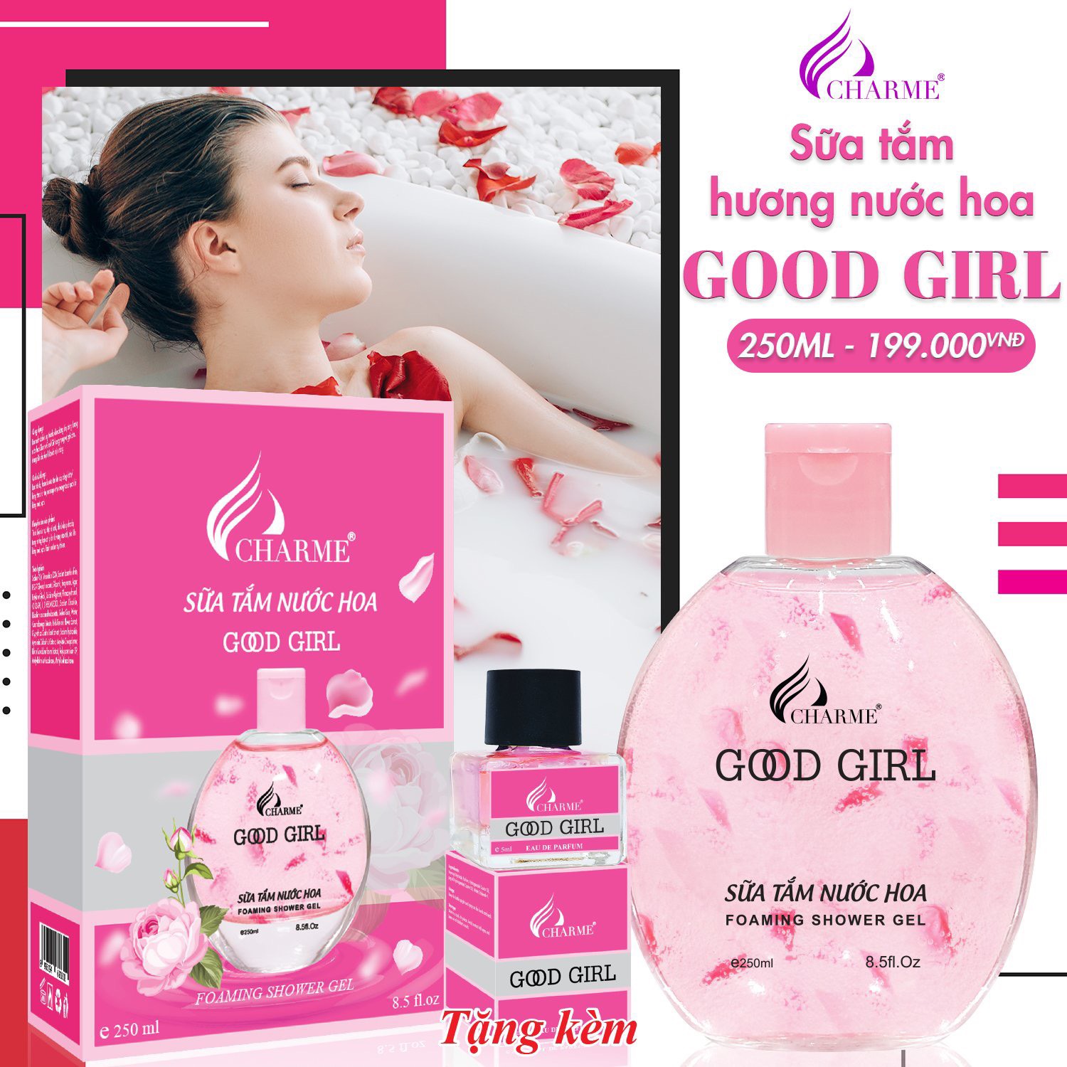 Sữa tắm nước hoa, Charme Goodgirl, dòng sữa tắm dưỡng ẩm, sáng da, hương nước hoa Pháp, 250ml