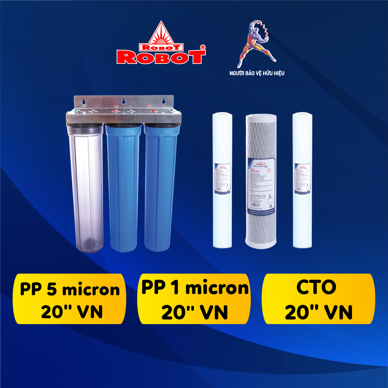 Bộ lọc thô đầu nguồn 20 inch Robot RAW-23PCP - 3 lõi lọc thô - Hàng chính hãng