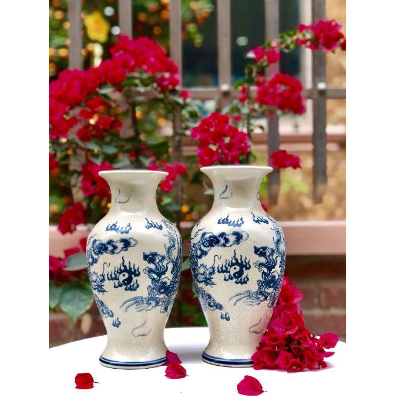 BÌNH HOA SEN VÀ RỒNG MEN RẠN GIẢ CỔGỐM BÁT TRÀNG- GIẢ CỔ
