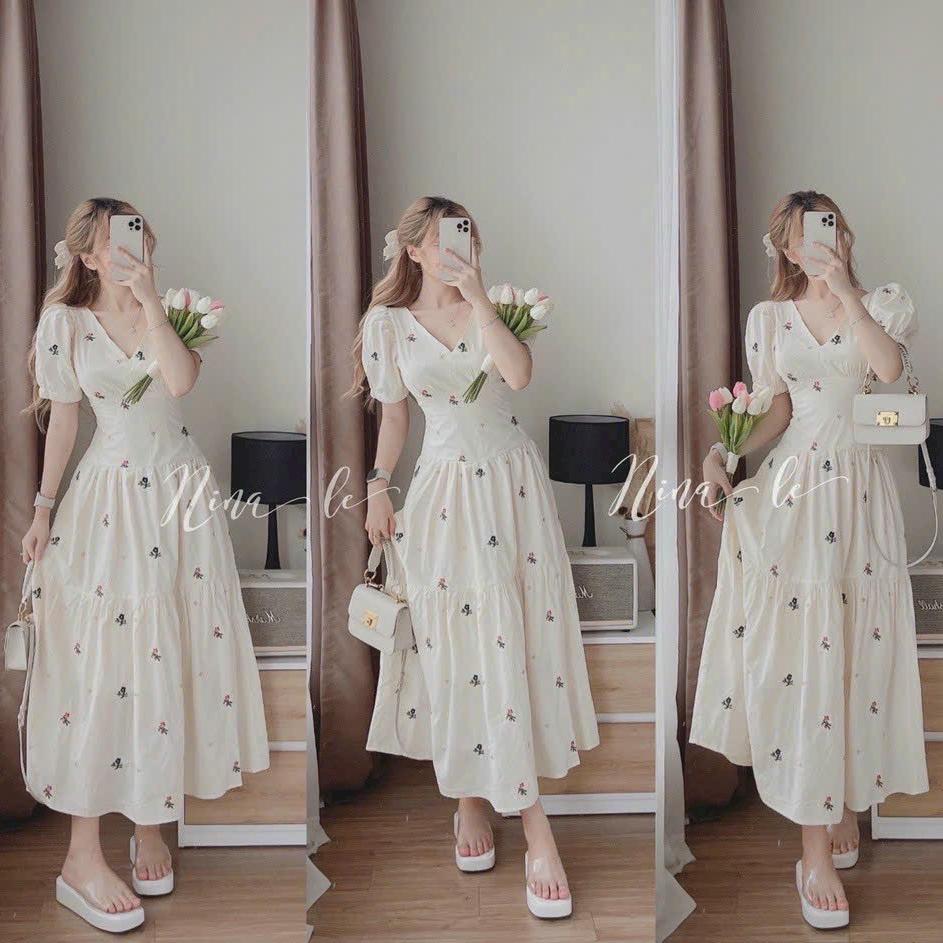 Đầm hoa midi lụa cổ tim tay phồng nhún tầng cột nơ lưng