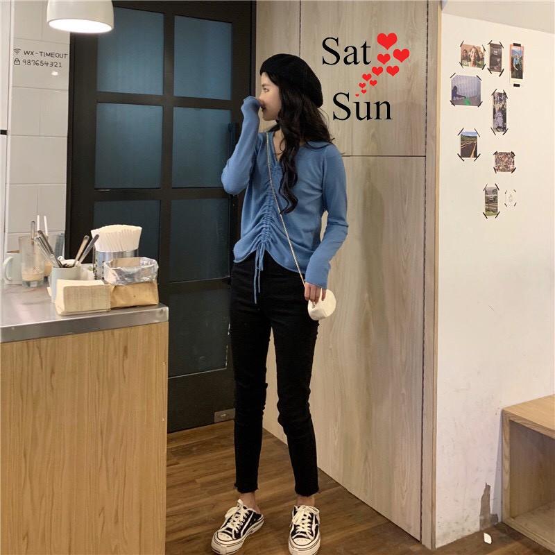 áo thun dài tay nữ thu đông cổ chữ V dây rút tùy chỉnh tạo phong cách SatSun