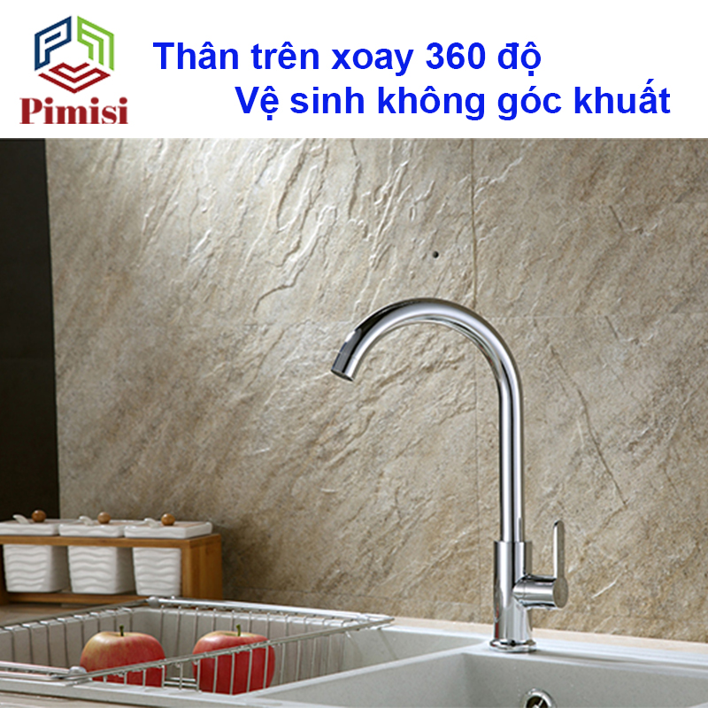 Vòi Rửa Chén Lạnh 1 Đường Nước Pimisi Đồng Thau Cao Cấp Mạ Xi Cr/Ni Sáng Bóng Cấp Nước Cho Chậu Rửa Bát 1-2-3 Hộc Trong Nhà Bếp Gắn Chậu Âm - Dương Bàn Đá Quay 360 Tăng Áp Kiểu Cổ Ngỗng Cần Cứng - Thân - Để To | Hàng chính hãng