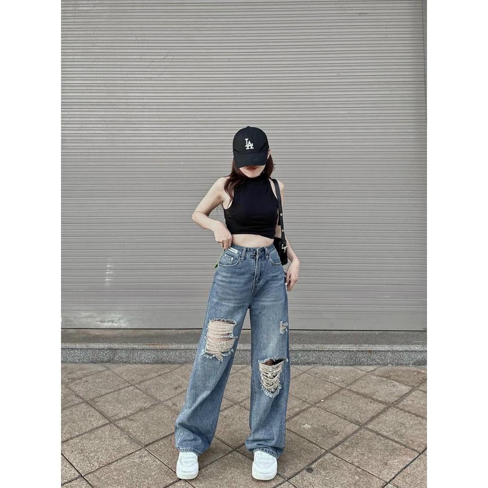 Quần Jeans Nữ Ống Rộng Rách 2 Gối Dáng Suông