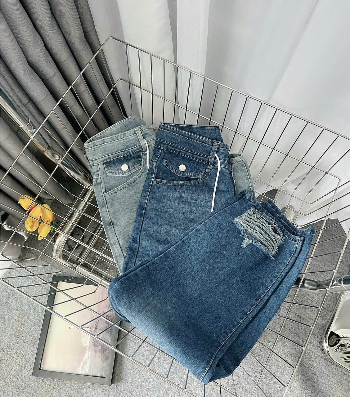 [Quần size đại] Quần jean nữ ống suông lưng cao, quần baggy jean nữ lưng bản to rút dây eo thời trang