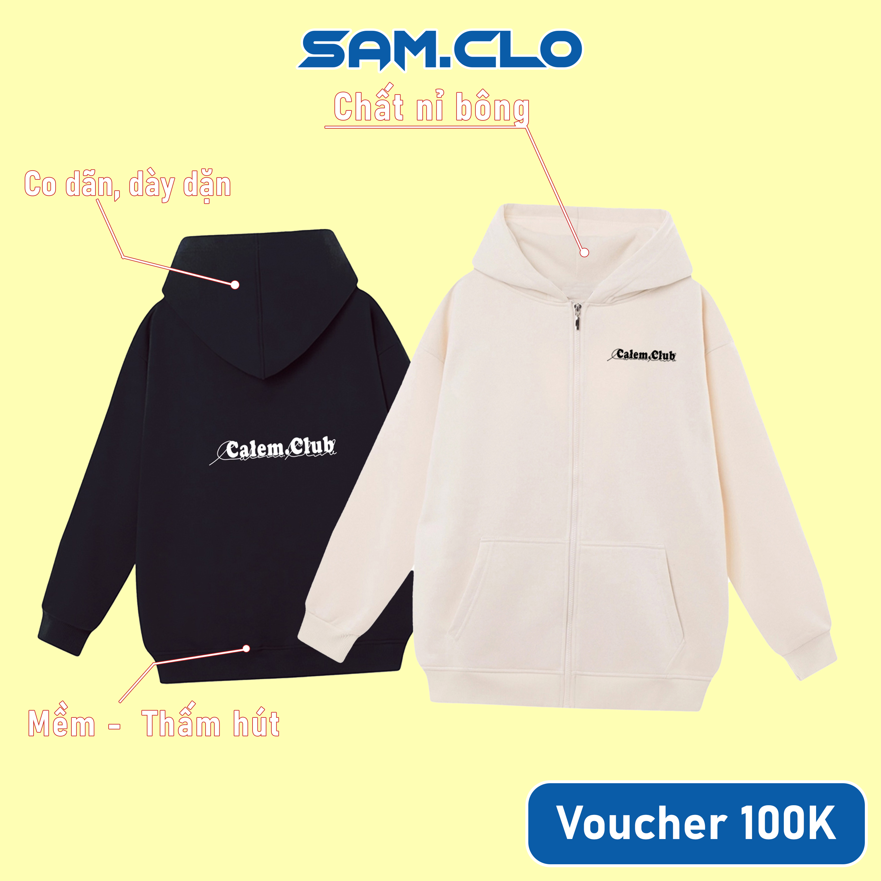 Áo khoác Hoodie Zip nam nữ SAM CLO có mũ form rộng chất nỉ tay dài thu đông in chữ CALEM CLUB