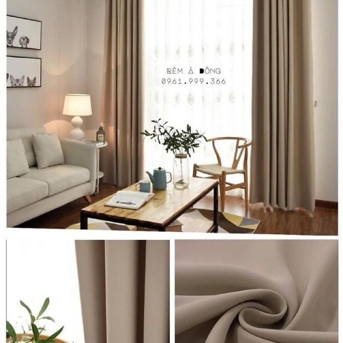 HN_Rèm vải trơn màu không họa tiết - màu nâu tây, NHIỀU SIZE, CÓ SẴN - Cao cố định 2.2m