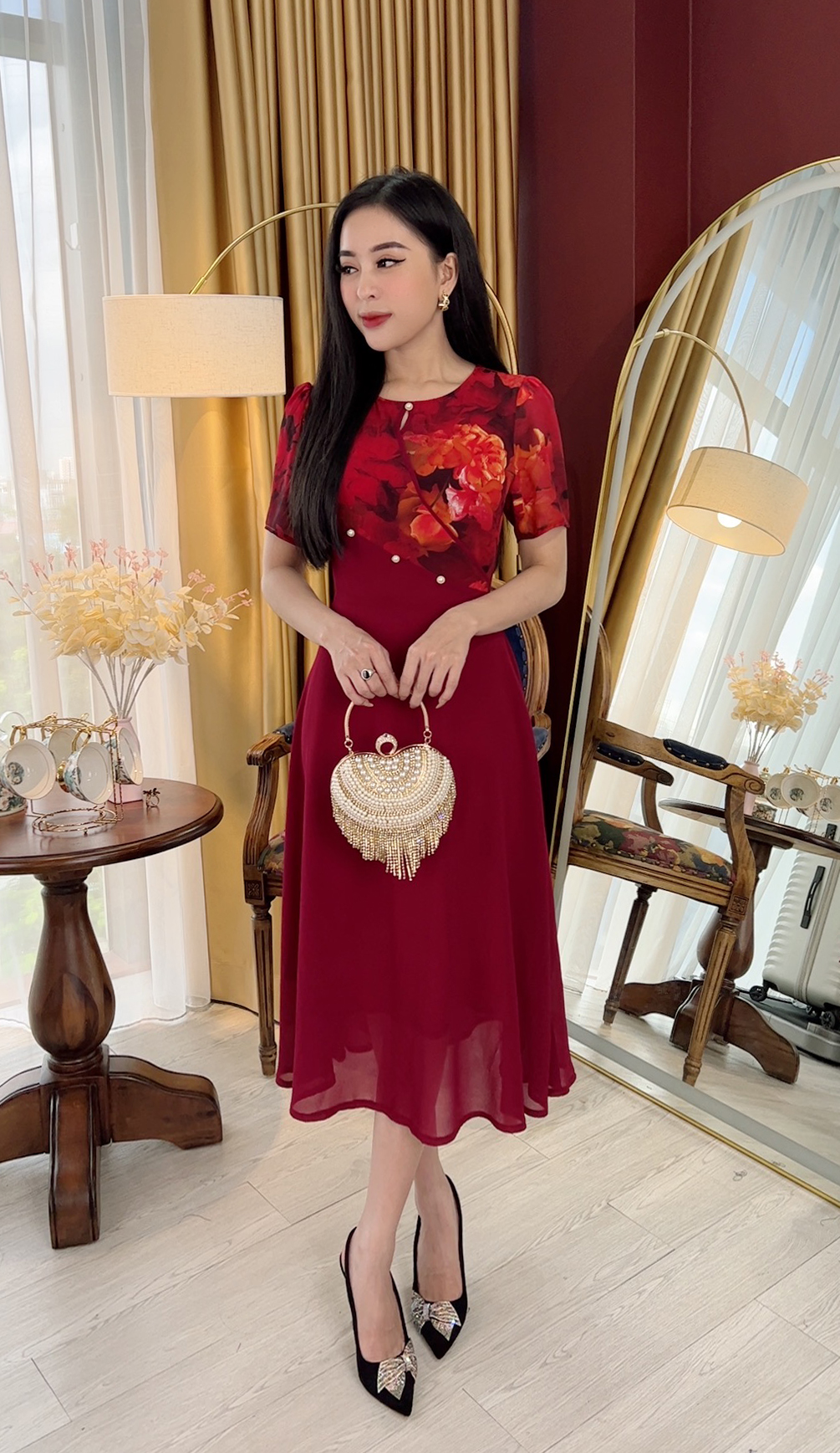 Đầm Đi Tiệc Trung Niên [ Linh Trà ] (TM 736) Cao Cấp Màu Sắc Trẻ Trung Tươi Sáng Họa Tiết Sang Trọng Đi Làm Đi Tiệc
