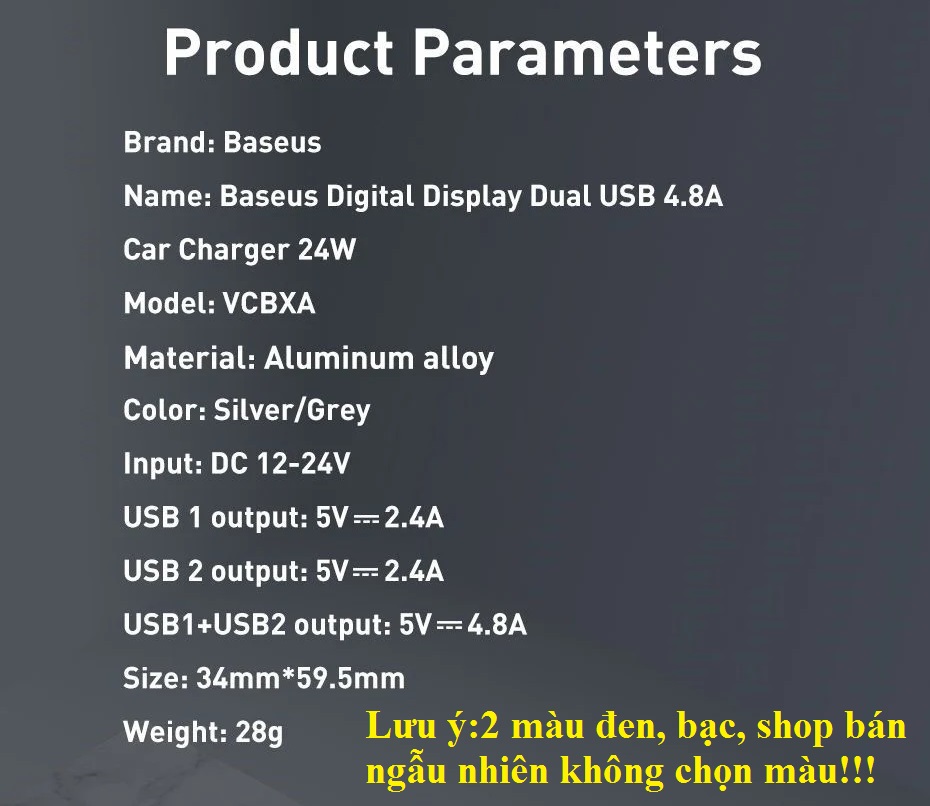 Tẩu sạc trê ô tô  24W 2 cổng USB đèn LED hiển thị dòng màu ngẫu nhiên Baseus VCBXA - Hàng chính hãng