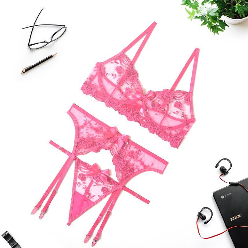 Áo Ren Hoa Thêu Áo Lót Bộ Áo Lót Ren Mỏng Push Up Bra Áo Ngực + Garters + Thông Bộ 3 xem Qua Đồ Lót Màu Đen