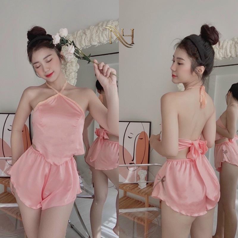 Đồ ngủ sexy nữ, đồ ngủ cao cấp yếm sexy gợi cảm chất satin quyến rũ