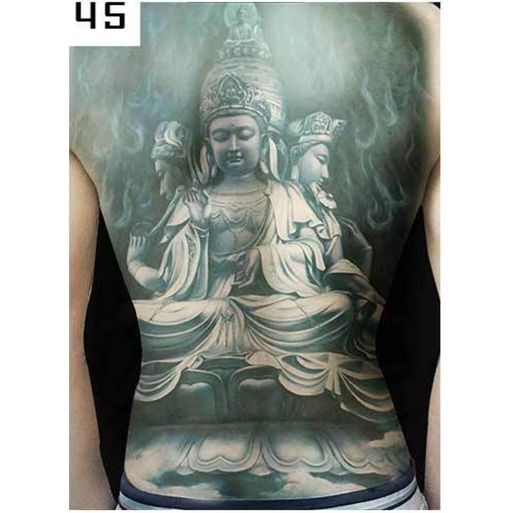 Hình xăm dán kín lưng cao cấp phật bà trắng đen 34x48cm