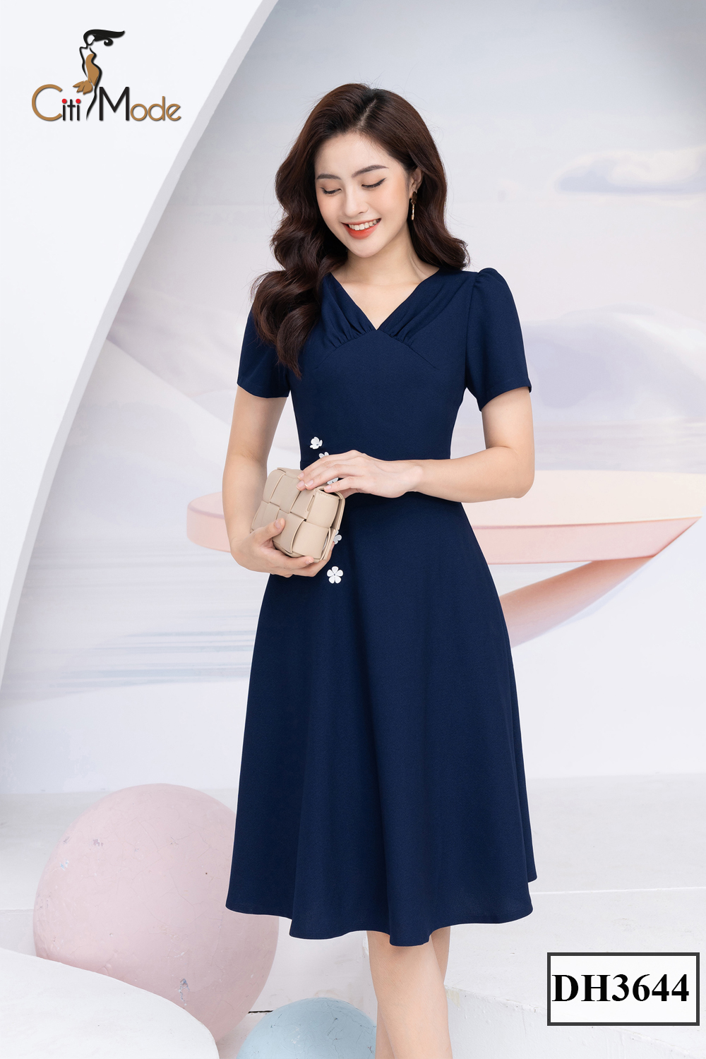 Đầm công sở CITI MODE FASHION dáng A xanh than thêu hoa eo DH3644