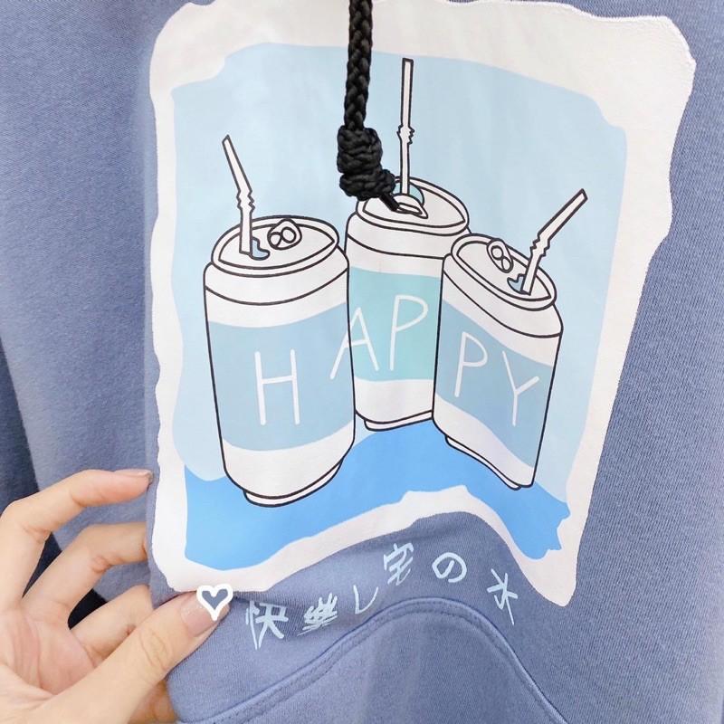 ÁO HOODIE THUN NỈ TAY PHỒNG IN HÌNH LON NƯỚC HAPPY MÀU XANH, PHONG CÁCH HÀN QUỐC ĐÁNG YÊU