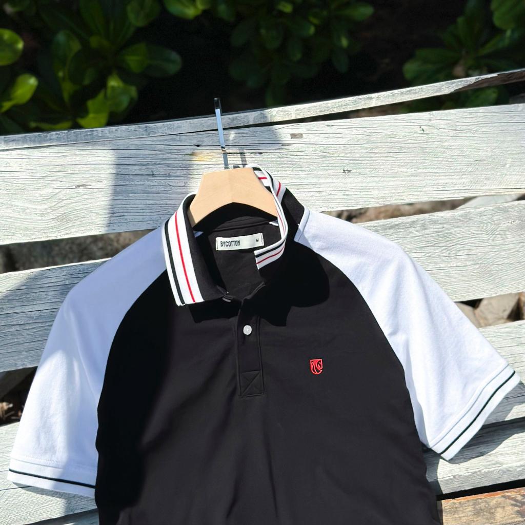 Áo Polo Nam Cao Cấp Có Cổ BY COTTON Raglan Đen Tay Trắng Phối Bo Nam Tính, Thanh Lịch, Sang Trọng, Trẻ Trung