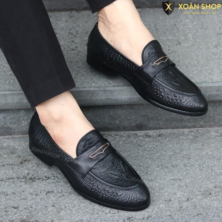 Giày Lười Da Nam DA ềm Dập Vân Cá Sấu - Đế Cao su Đúc Nguyên Khối - Mã X091-3 Màu Đen