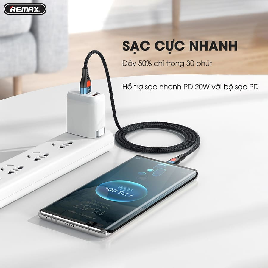 Cáp sạc siêu nhanh Type C to IP dùng cho Iphone, Ipad Remax RC-188i- Hàng nhập khẩu