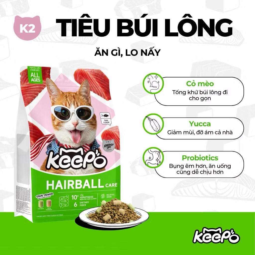 [SEAL 1KG] Hạt cho mèo Keepo K1 &amp; K2 - Đạm 30%, Đẹp lông da khỏe, Tiêu búi lông, Hỗ trợ tiêu hóa