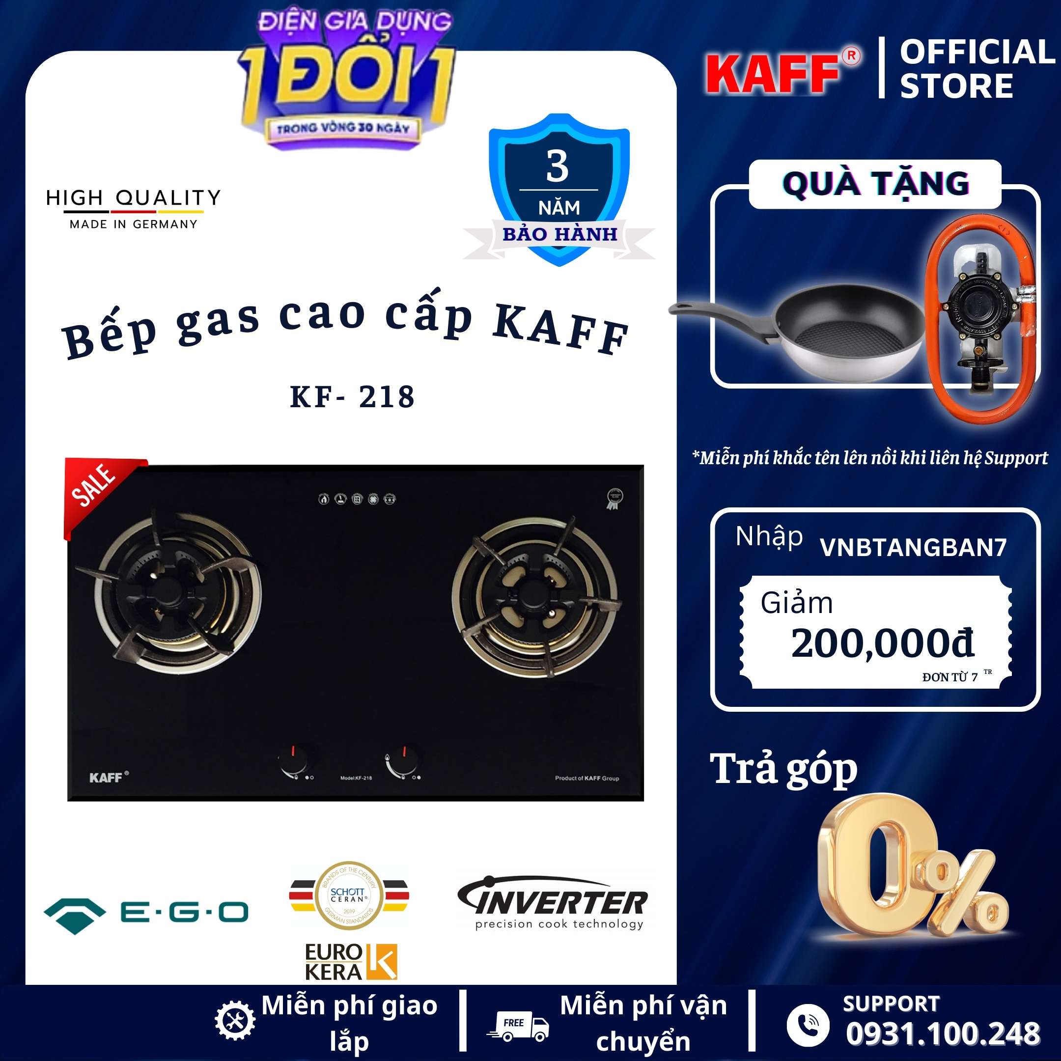 Bộ Bếp ga âm KAFF KF- 218 bao gồm Bếp ga  chảo chống dính cao cấp  bộ van ga - Hàng chính hãng