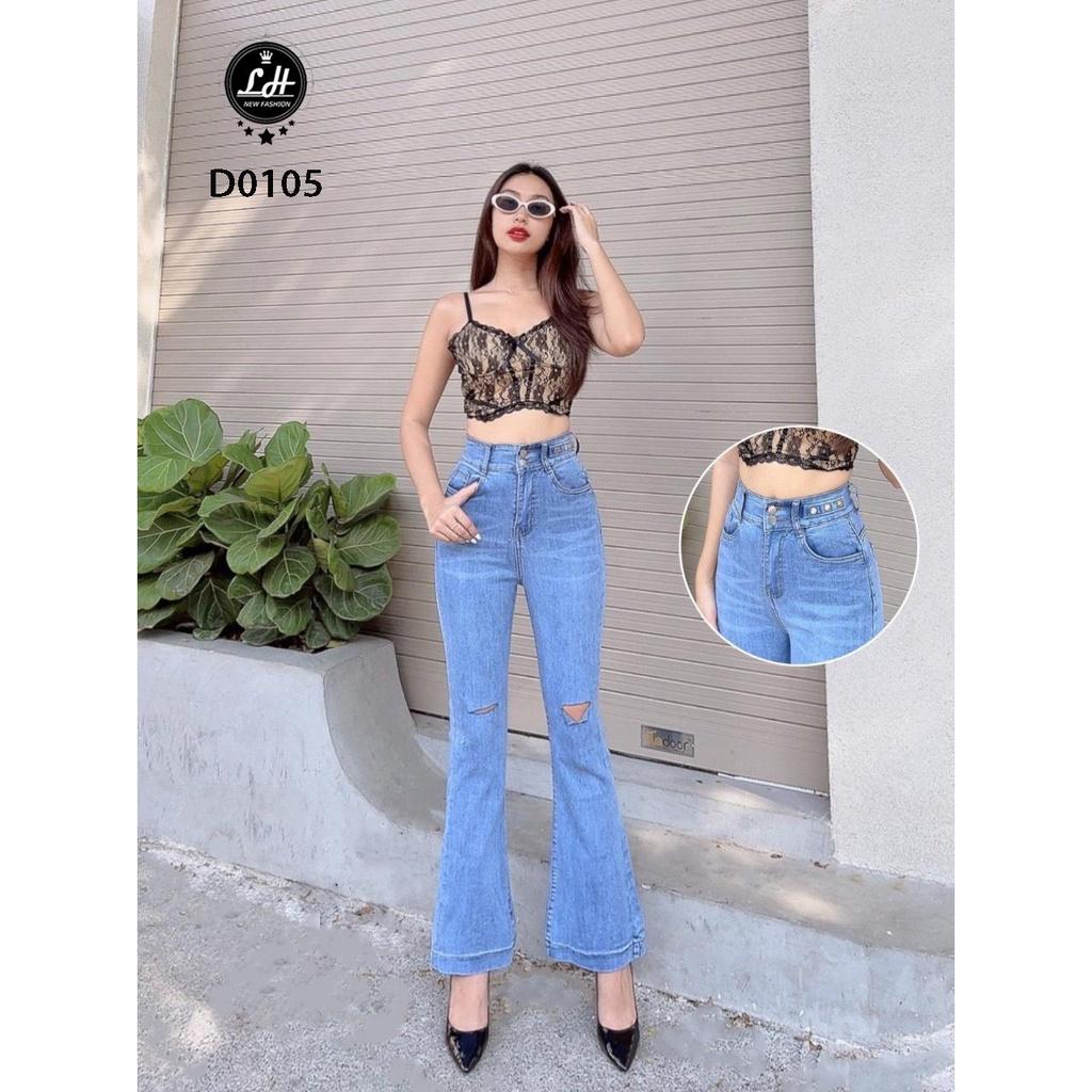 Quần jean ống loe lưng cao màu xanh rách gối có ba nút trên bass độc lạ dành cho nữ Lê Huy Fashion MS D0105