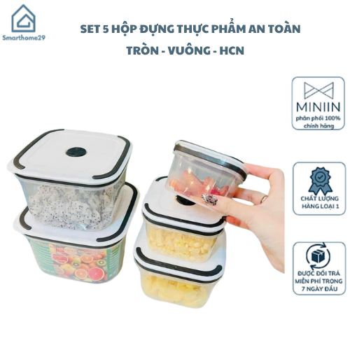 Bộ 5 Hộp Đựng Thực Phẩm, Hộp Bảo Quản Đồ Ăn Rau Củ Vuông -Tròn- Chữ nhật Siêu Tiện Lợi - Hàng Chính Hãng MINIIN