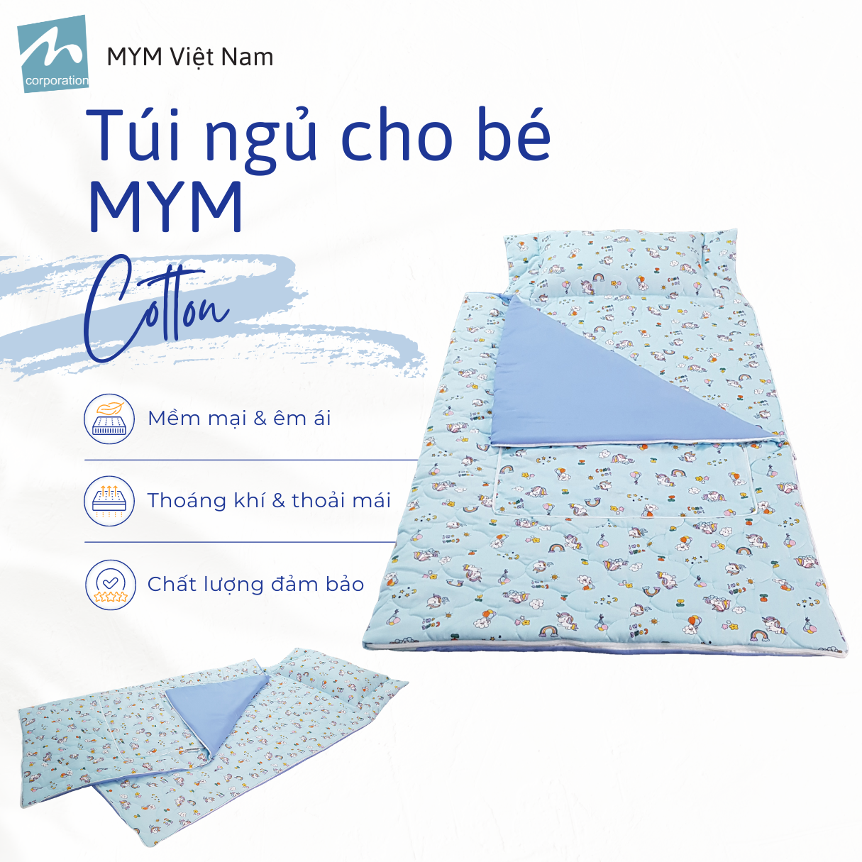 Túi ngủ cho bé MYM kích thước 70x150cm chất liệu vải Cotton mềm mại, thấm hút, êm ái