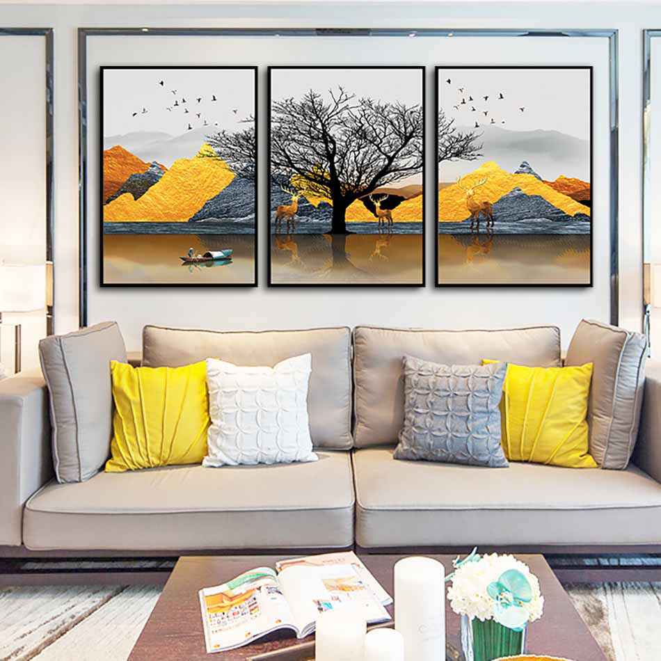 Bộ 3 tranh canvas treo tường Decor Họa tiết cách điệu hươu và sông núi - DC126