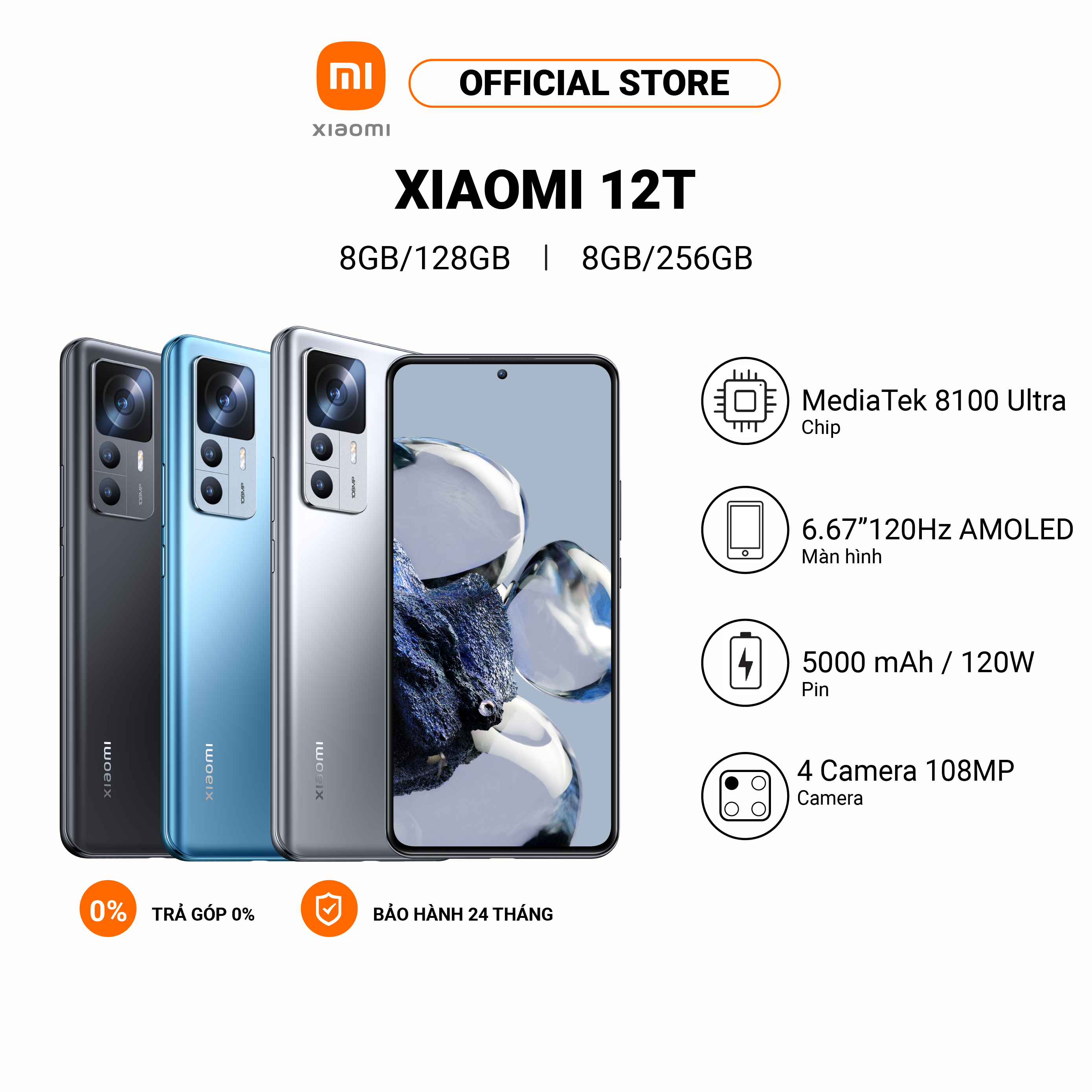 Điện Thoại Xiaomi 12T | Màn hình OLED Full HD 6.67&quot; | Bộ vi xử lý MediaTek Dimensity 8100 Ultra | Pin 5000mAh - Hàng chính hãng