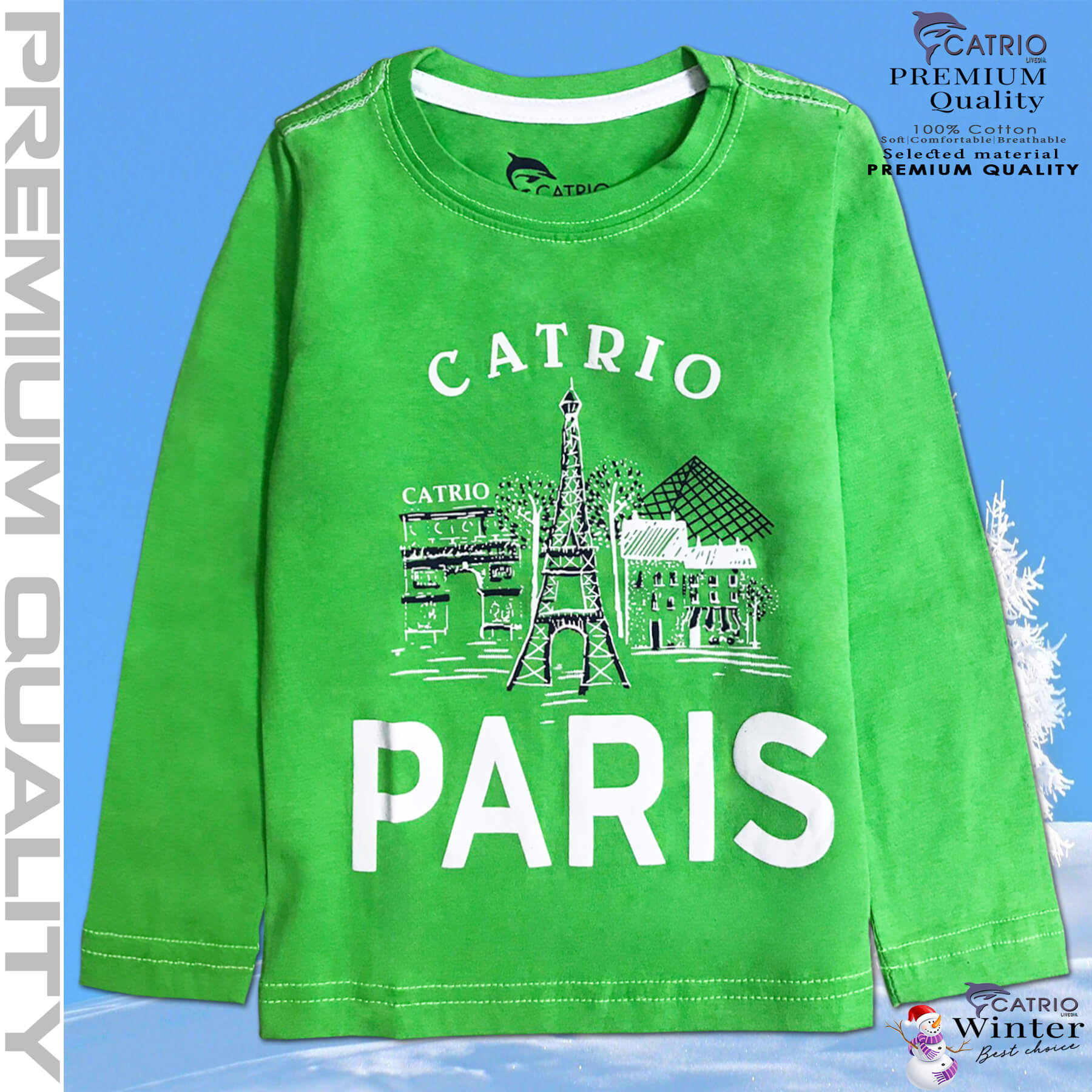 ÁO THUN DÀI TAY BÉ TRAI CATRIO in PARIS màu XANH CỐM là áo phông tay dài trẻ em từ 8kg 10kg 12 kg .. 23kg cổ tròn vải dệt kim co giãn 4 chiều + quần dài cotton thành bộ đồ thu đông cho bé rất đẹp