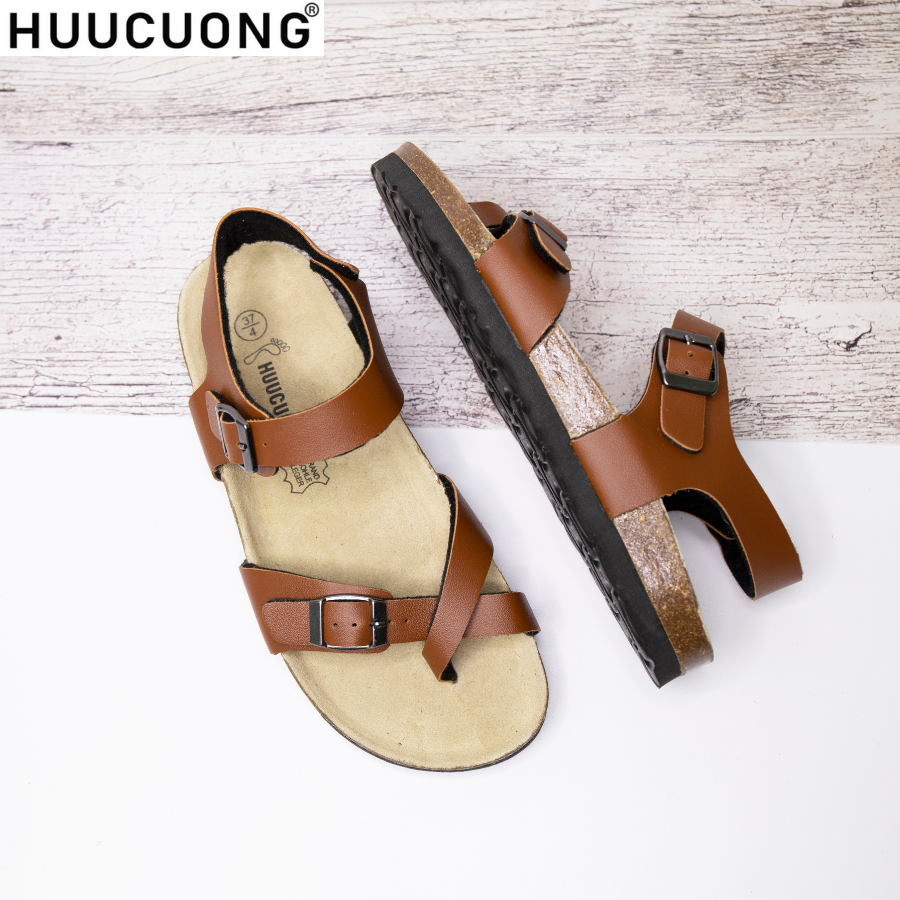 Sandal unisex xỏ ngón da pu nâu handmade