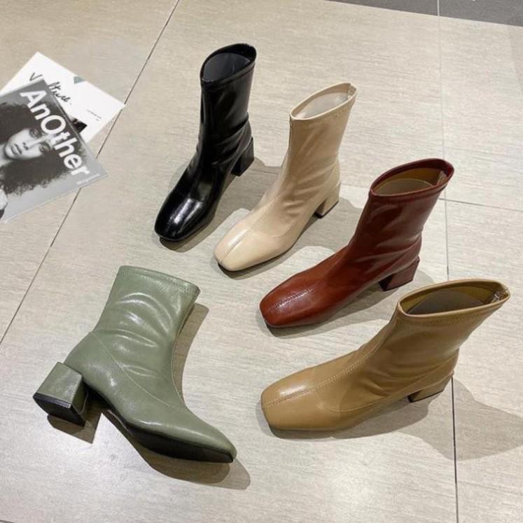 Giày Bốt Nữ Da Đế Cao - Boots Nữ Cao Gót 5p 5 Phân Màu Đen Kem Thời Trang Hàn Quốc Đi Làm Đi Học Quyến Rũ