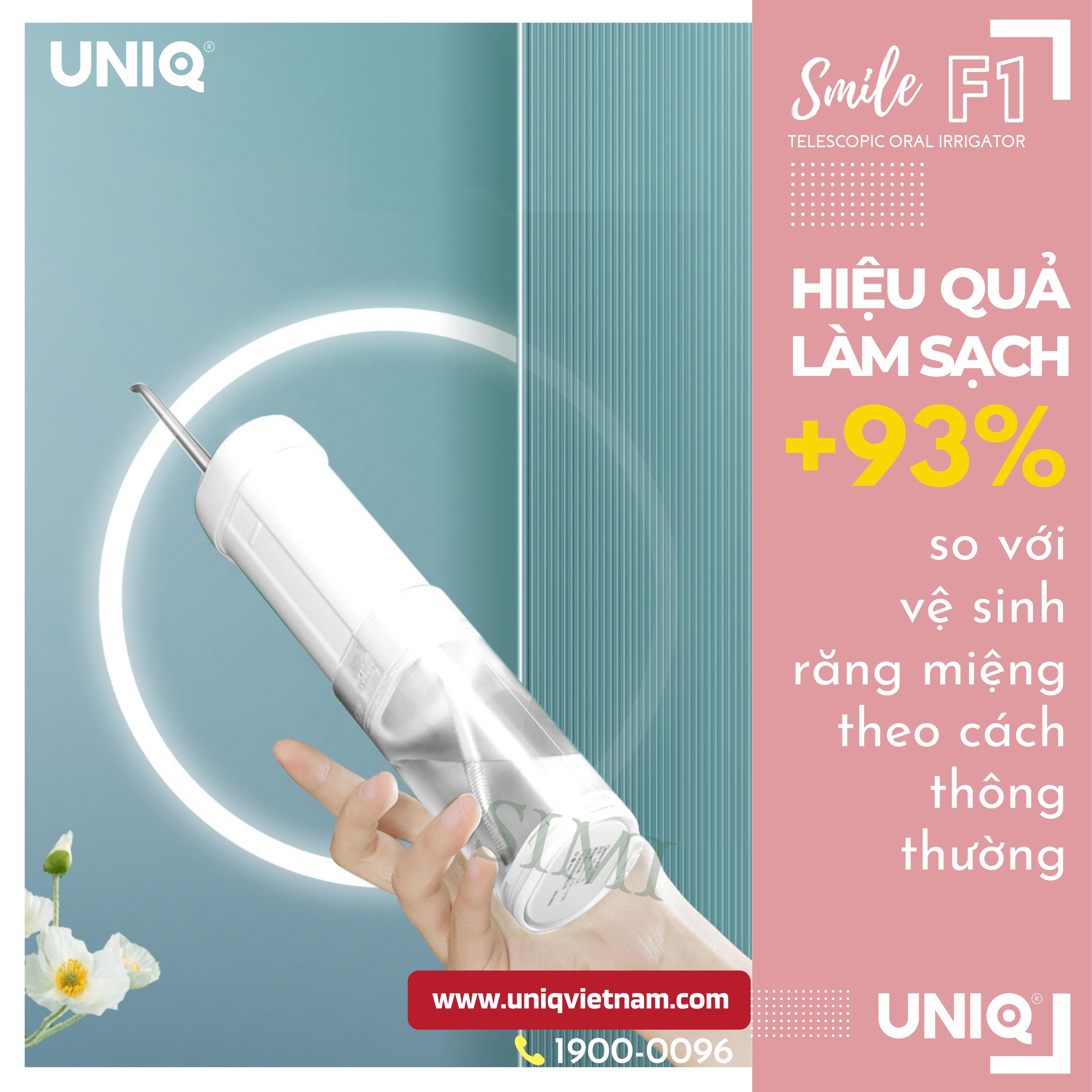 Tăm Nước Cầm Tay UNIQ Smile F1 Nhật Bản Cao Cấp Máy Vệ Sinh Răng Miệng Mini Tốt Xịt Xỉa Rửa Làm Sạch Kẽ Răng Niềng Dụng Cụ Cạo Lưỡi Waterpik May Tam Nuoc Du Lịch Không Dây Nhập Khẩu