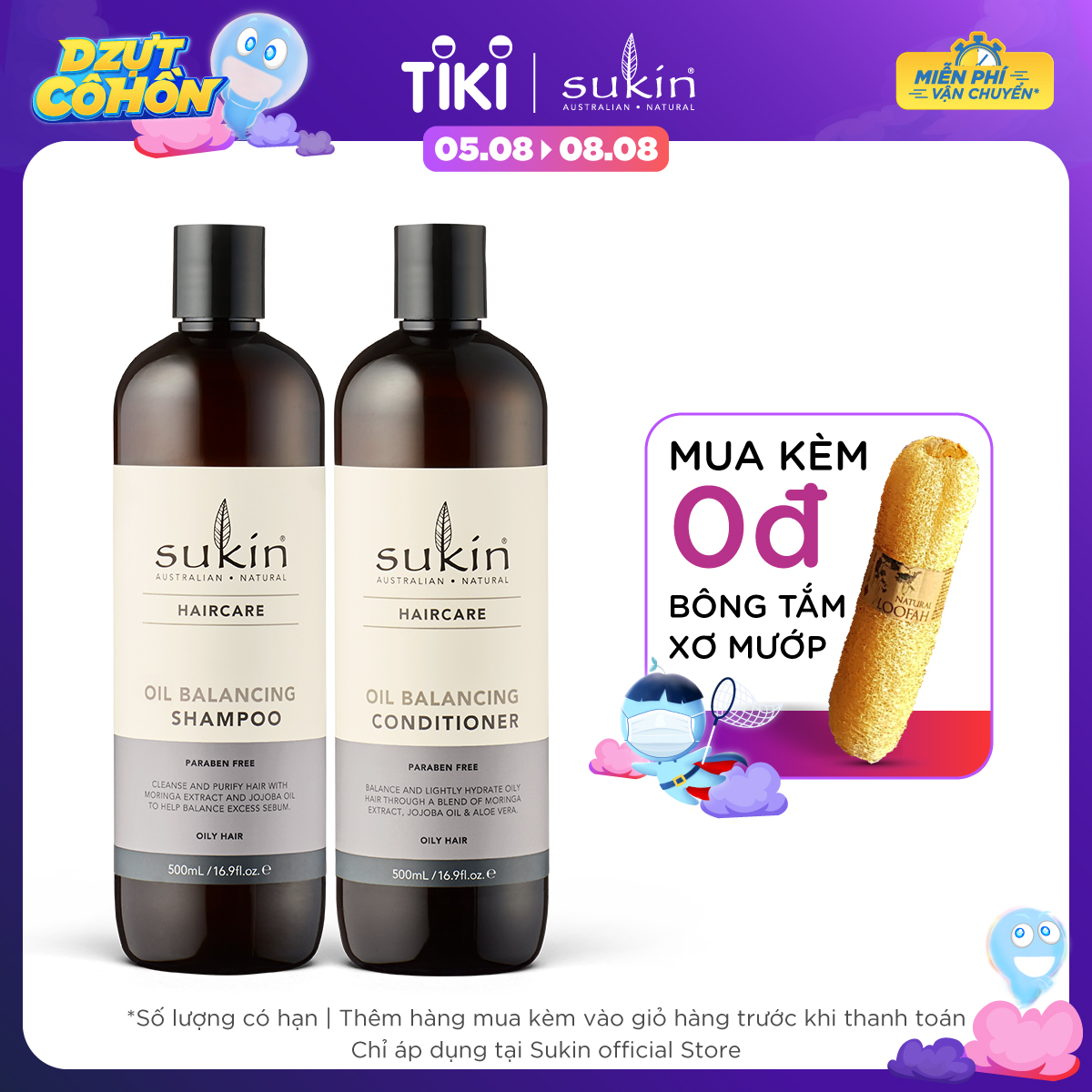 Combo gội xả cân bằng dầu Sukin Oil Balancing Shampoo 500ml &amp; Sukin Oil Balancing Conditioner 500ml