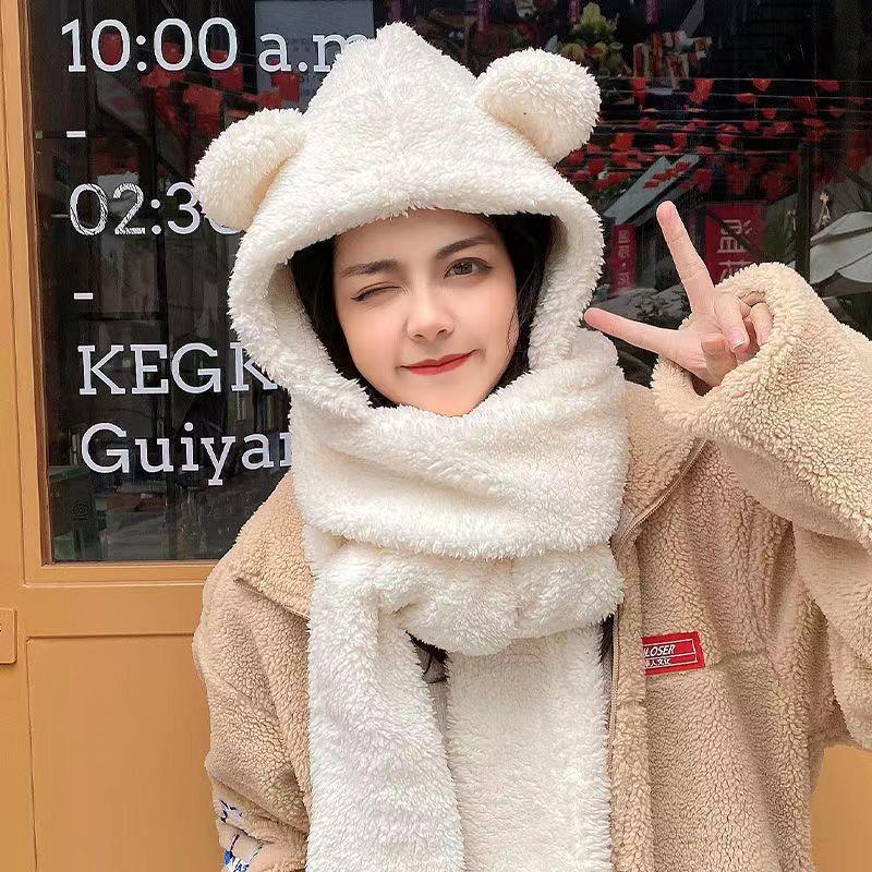 Mũ lông cừu kèm khăn quàng cổ bao tay 3 trong 1 ấm áp phong cách Hàn Quốc