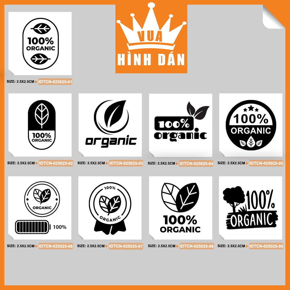 Set 100/200 sticker 100% ORGANIC tem THỰC PHẨM HỮU CƠ dán lên túi / hộp đựng sản phẩm, dành cho shop