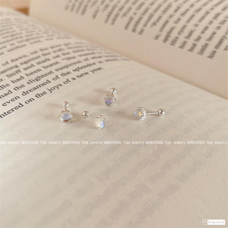 Khuyên tai bạc Tlee, Bông tai hạt tròn đá moonstone lấp lánh bạc 925 cao cấp chốt vặn- TleeJewelry