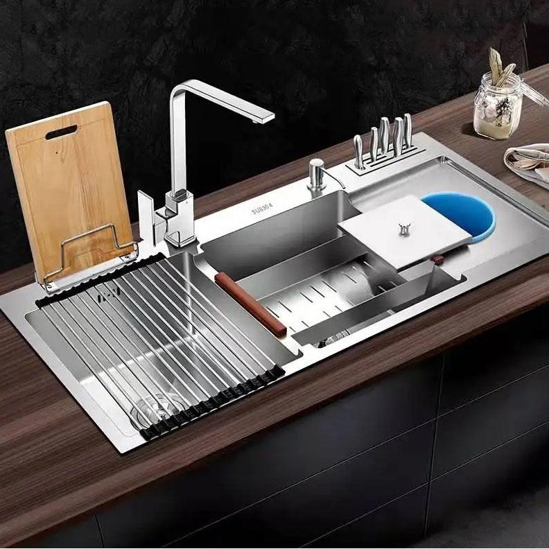 Chậu rửa chén 2 ngăn, màu trắng mờ bằng inox sus 304 kèm kệ dao thớt và hố đựng rác