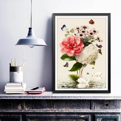 Tranh Đính Đá HOA  AN NHIÊN HẠNH PHÚC (ĐÁ ABC CAO CẤP). Kích Thước: 70cm x 50cm