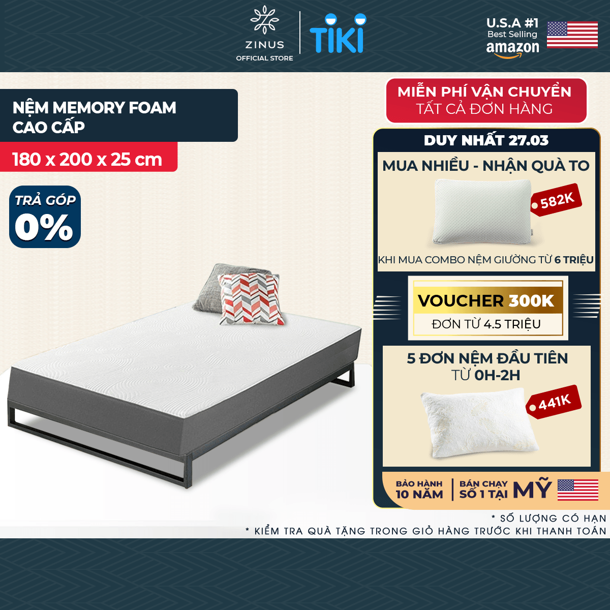 Nệm foam cuộn hút chân không cao cấp Zinus - Memory Foam Mattress 25cm